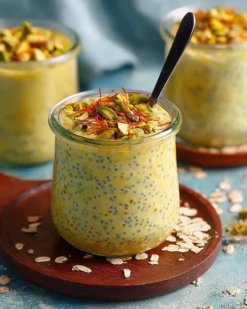 Healthy overnight oats with saffron and pistachios served in a glass jar on a wooden board