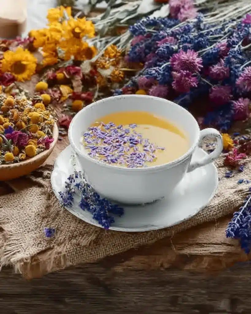 White teacup filled with herbal tea surrounded by dried lavender, chamomile, and marigold flowers.