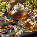 Glass teapot and cup with herbal tea for weight loss surrounded by chamomile flowers on a rustic table