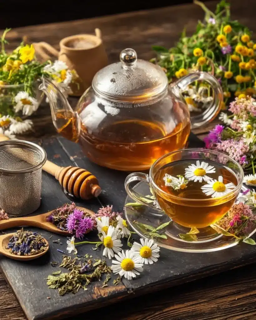 Glass teapot and cup with herbal tea for weight loss surrounded by chamomile flowers on a rustic table