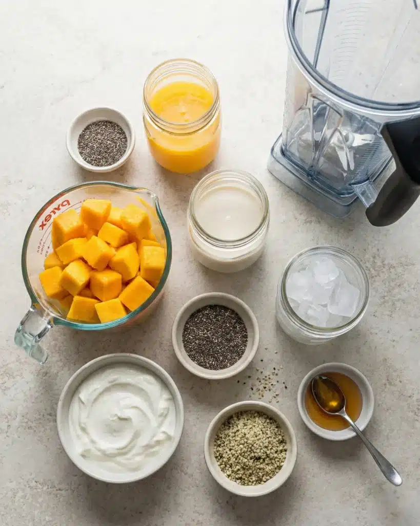 Top view of fresh Orange-Mango Smoothie ingredients including diced mango, Greek yogurt, chia seeds, hemp seeds, honey, soy milk, and orange juice beside a blender.