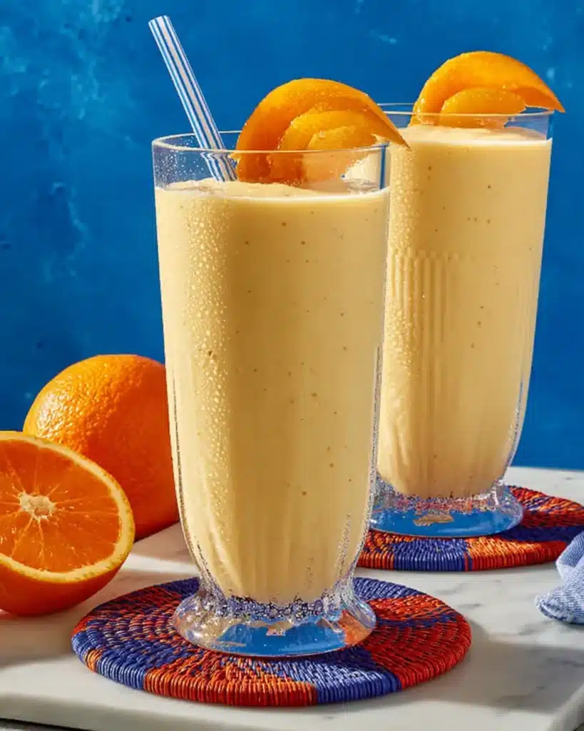 Two tall glasses of chilled High-Protein Orange-Mango Smoothie garnished with orange slices on colorful coasters against a bright blue background.