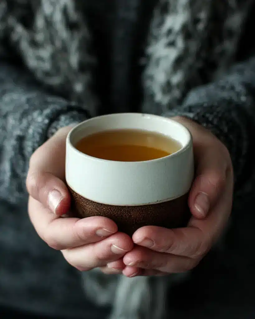 Close-up of a person&rsquo;s hands holding a ceramic mug filled with a warm beverage