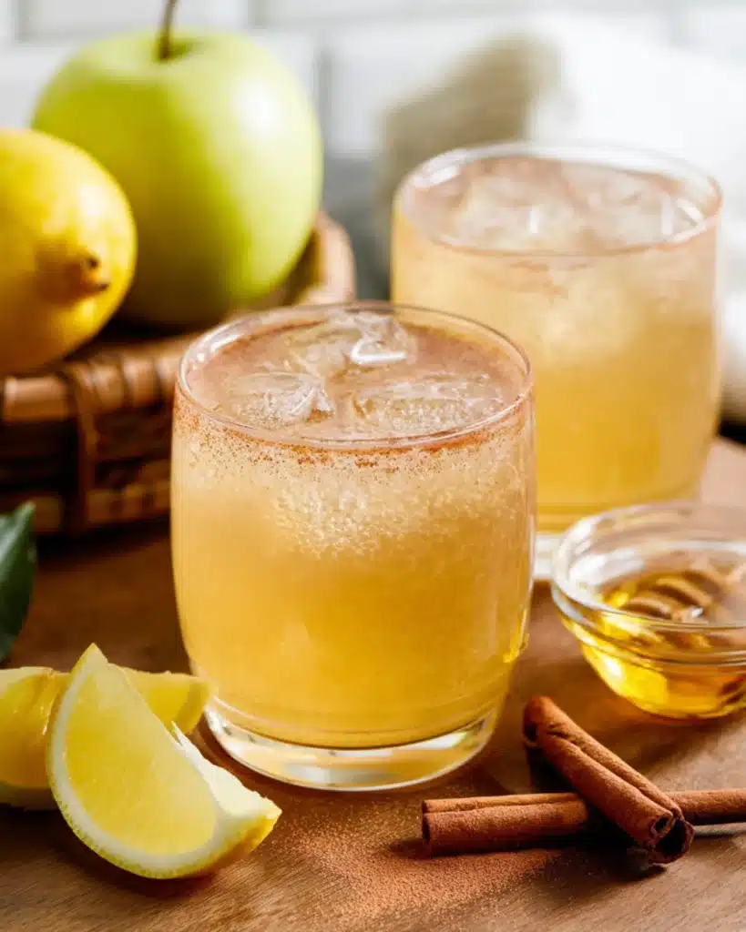 Two glasses of apple cider vinegar drink with lemon wedges, honey, and cinnamon sticks.
