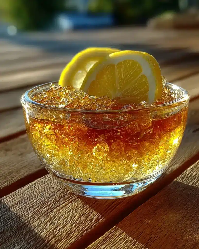 Freshly made bariatric gelatin dessert with lemon slices and bubbly texture