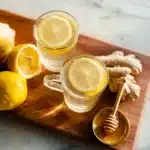 Top view of ginger tea with lemon slices, honey, and fresh ginger root on a wooden tray over marble surface.