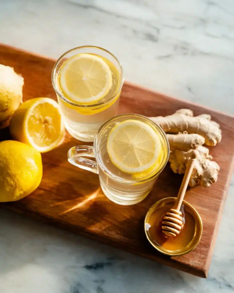 Top view of ginger tea with lemon slices, honey, and fresh ginger root on a wooden tray over marble surface.