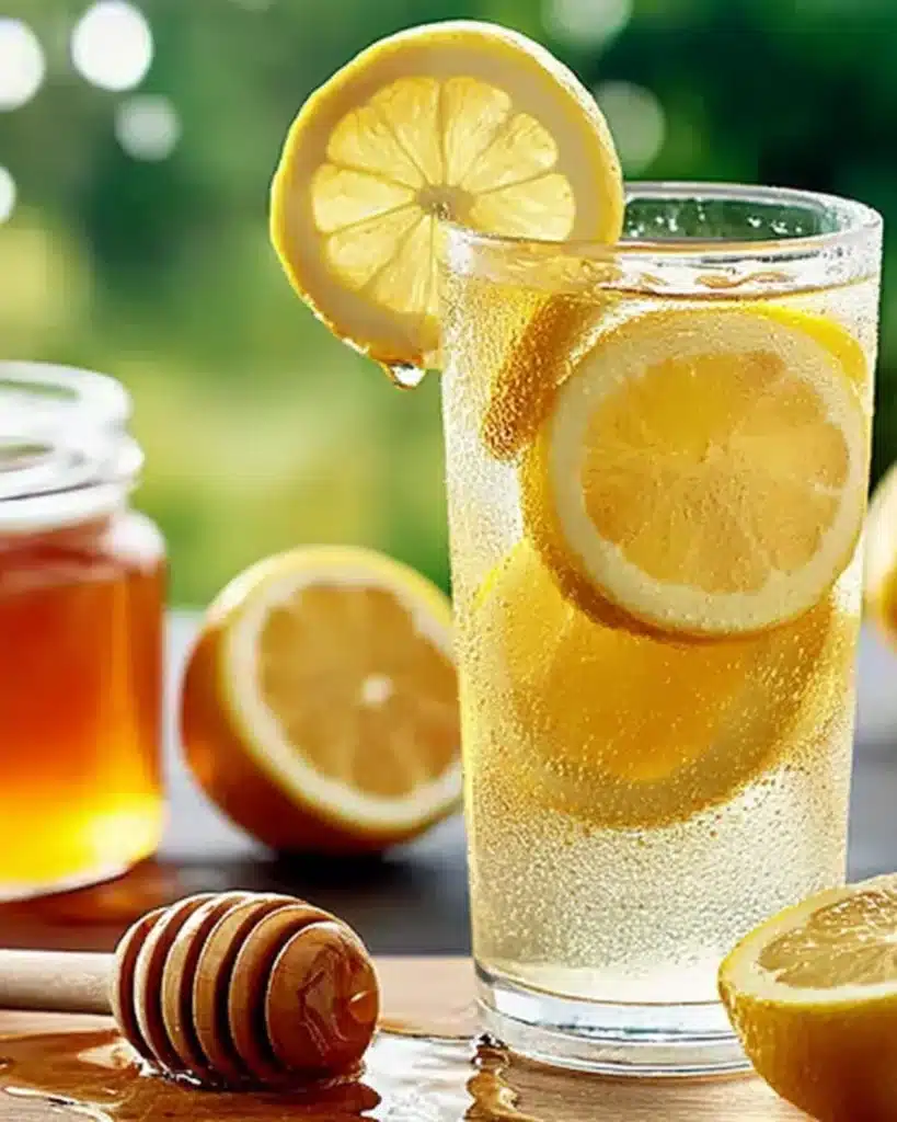 Sparkling lemon honey water with a honey dipper and jar of honey in the background