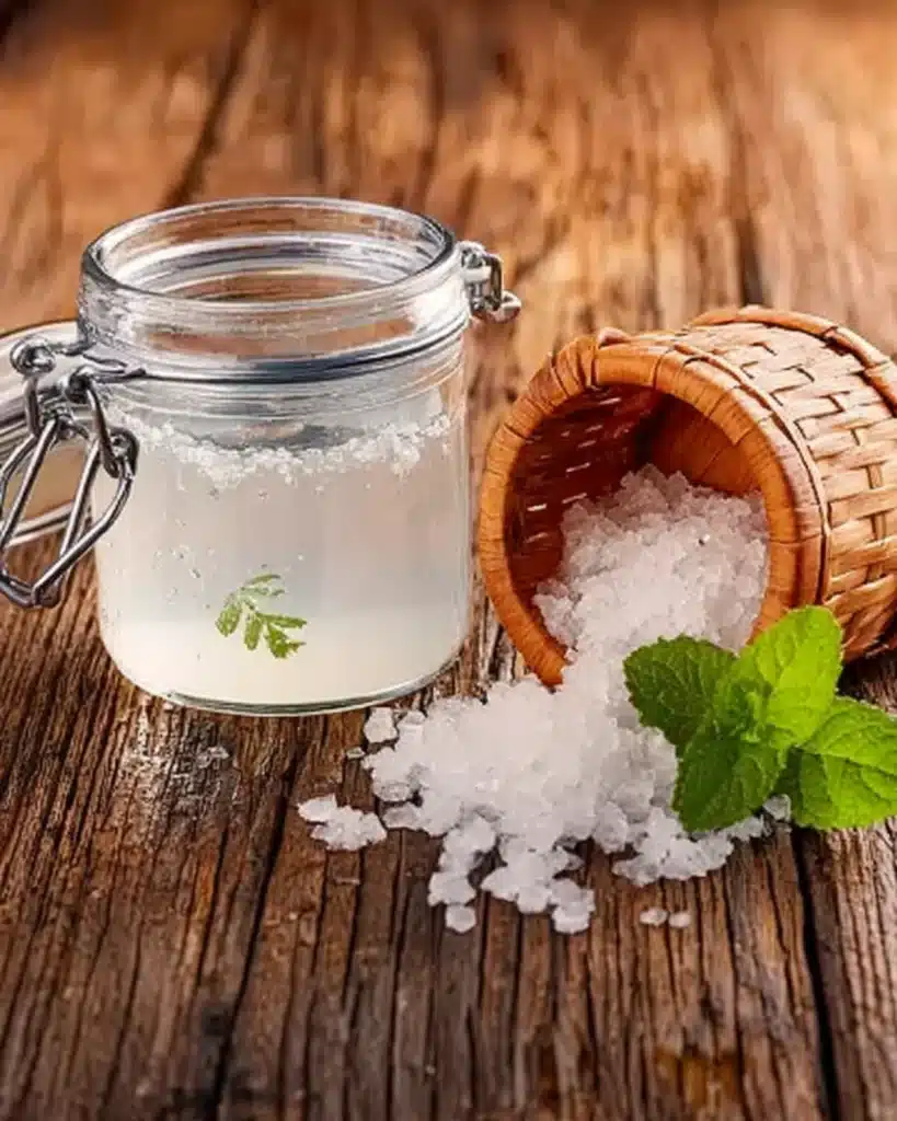 Glass jar of water kefir with mint leaves beside a woven basket filled with kefir grains.