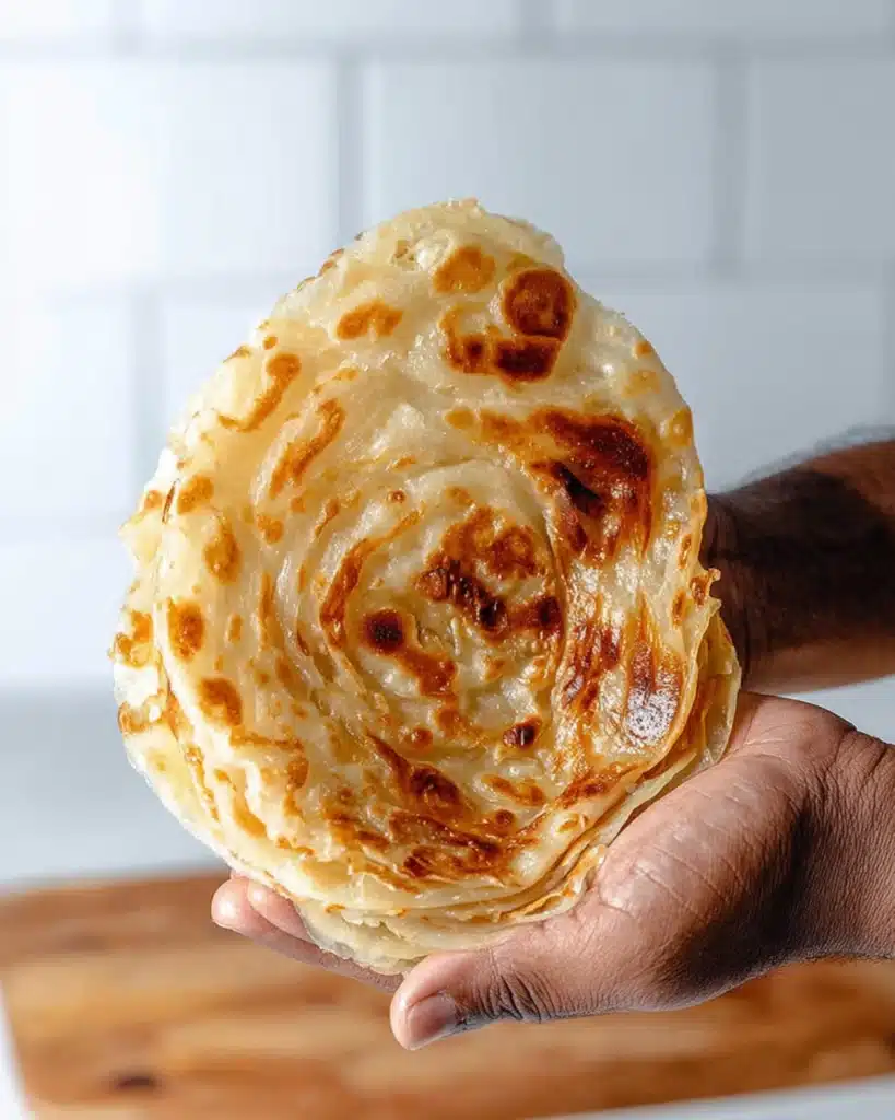 Coiled roti canai dough balls and a thinly stretched roti sheet prepared on a dark countertop.