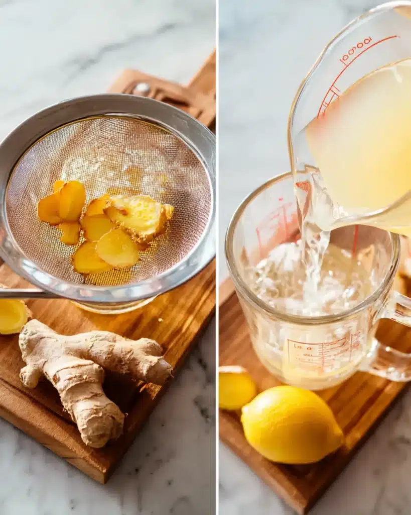 Hot ginger tea being strained through a mesh sieve into a glass bowl beside lemons and ginger.