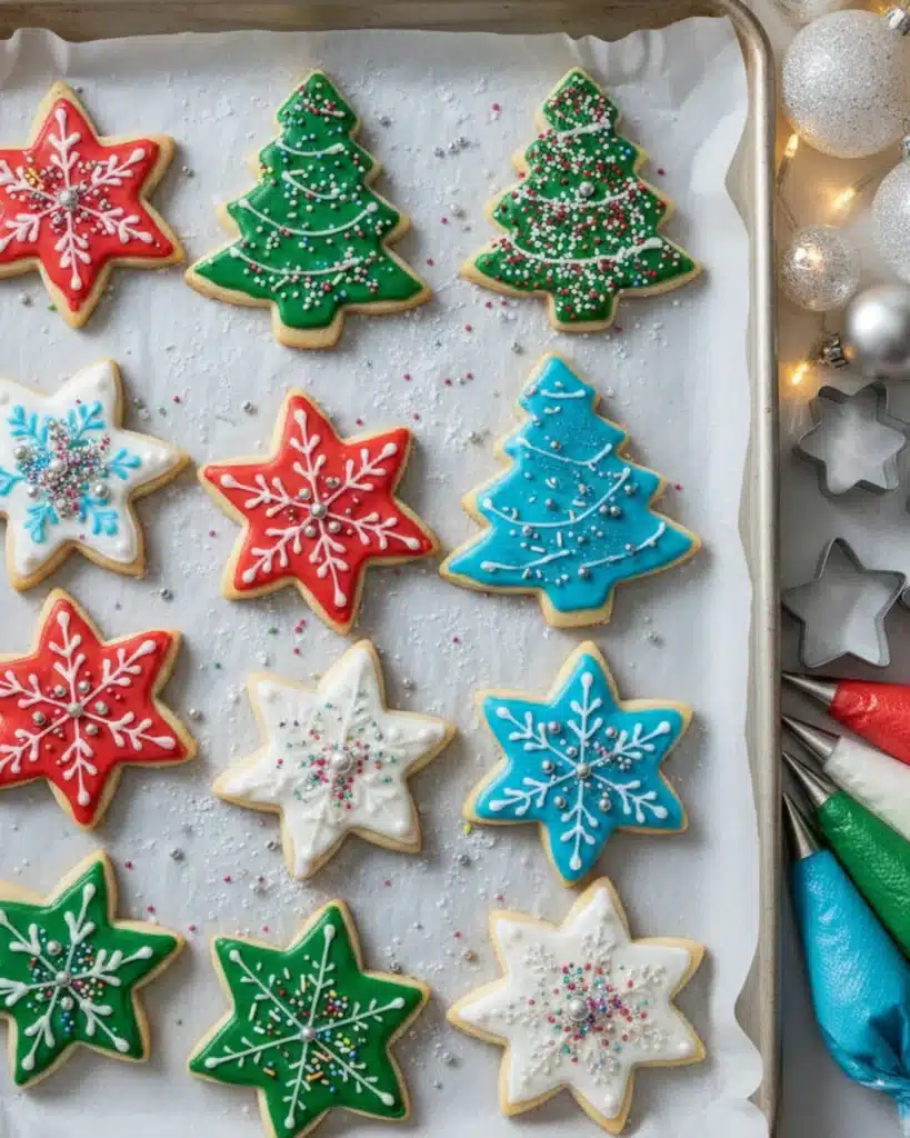 Colorful star and tree-shaped sugar cookies decorated with icing and sprinkles