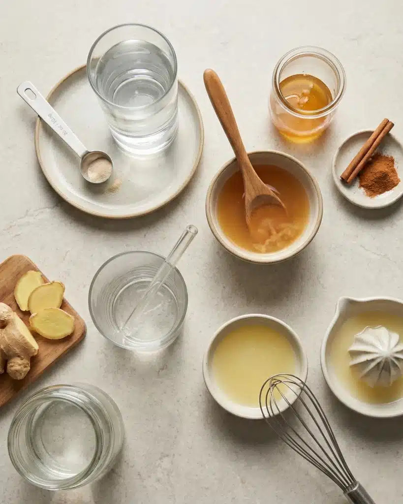 Flat lay of apple cider vinegar drink ingredients including lemon juice, honey, cinnamon, and ginger.