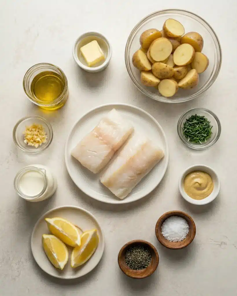 Top-down view of cod fillets, potatoes, cream, garlic, rosemary, butter, lemon, oil, salt, pepper, and mustard arranged neatly on a white surface.