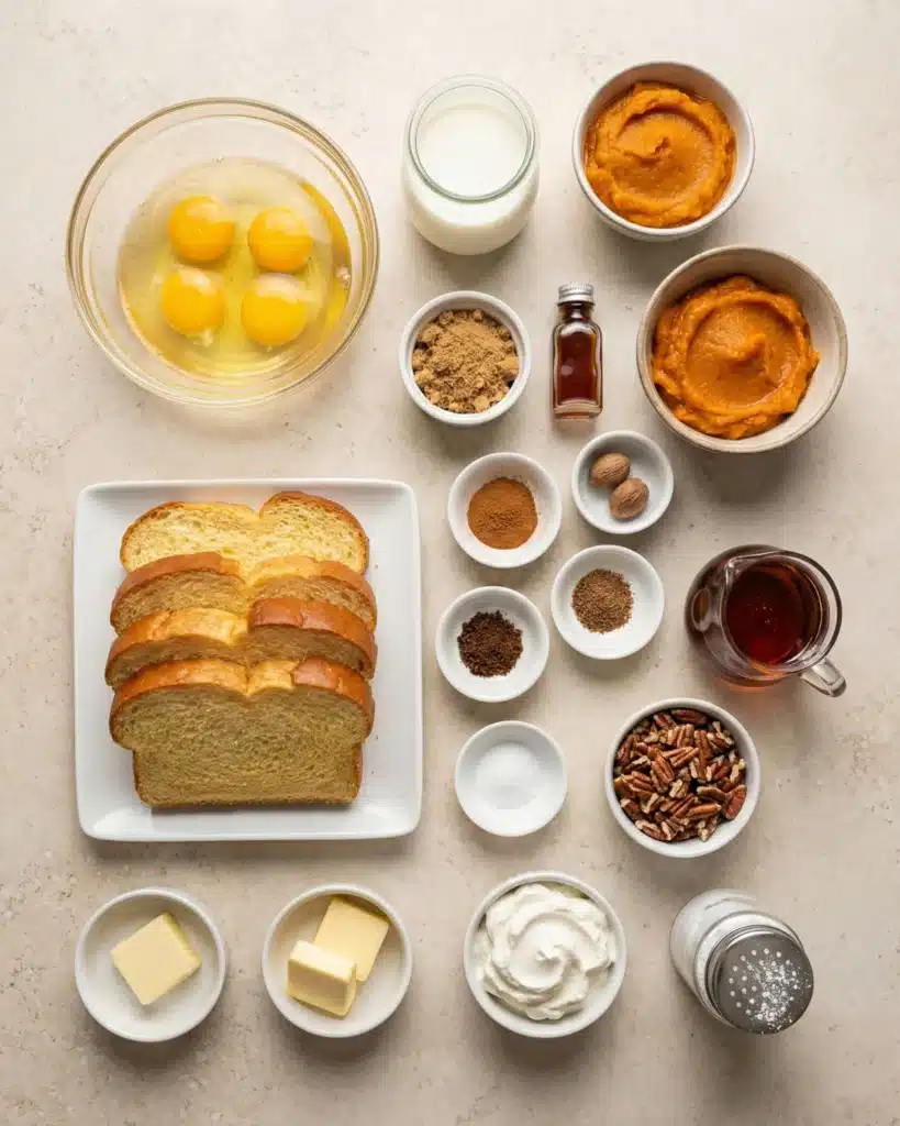 Pumpkin French Toast ingredients including bread, eggs, pumpkin puree, spices, and milk