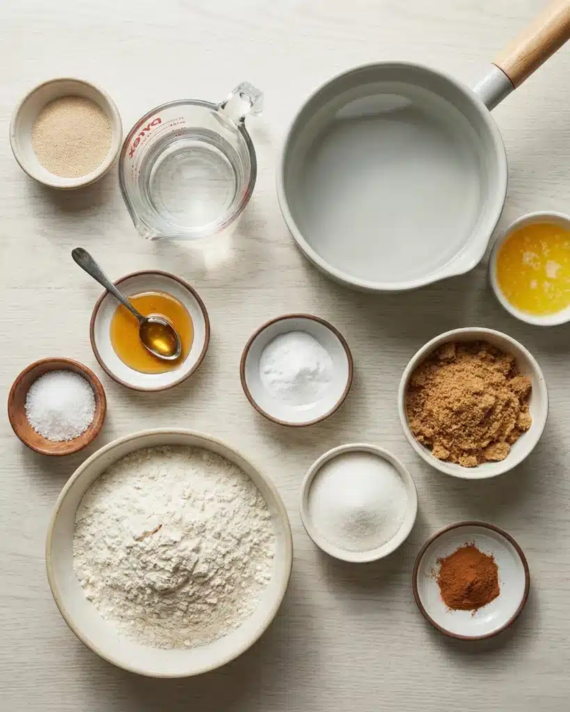 Top-down view of ingredients for Cinnamon Sugar Crunch Bagels including flour, yeast, cinnamon, honey, and brown sugar