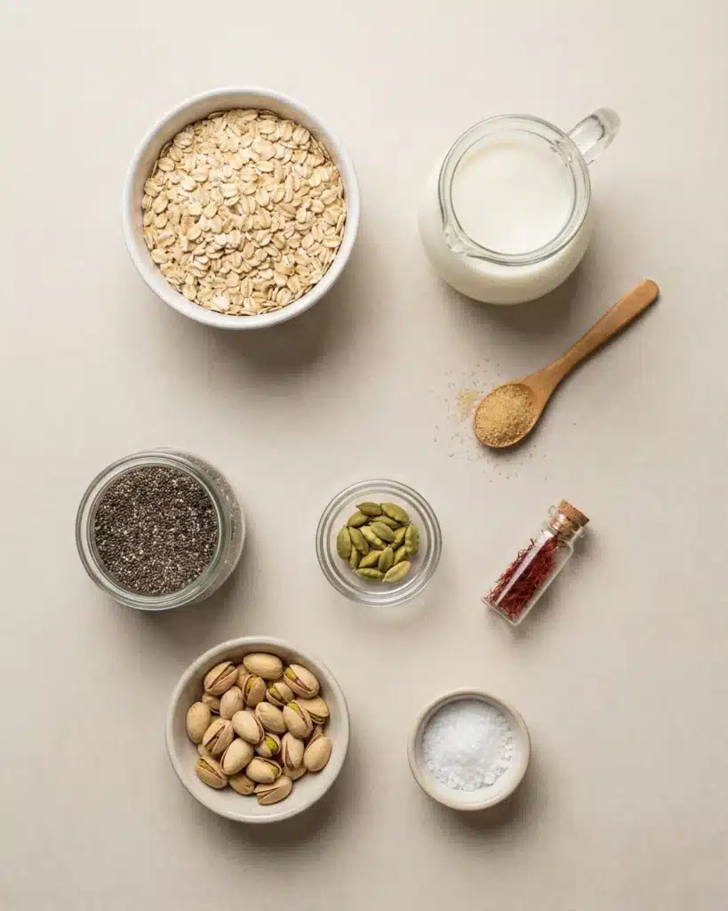 Ingredients for healthy overnight oats including oats, milk, pistachios, chia seeds, cardamom, saffron, and sugar