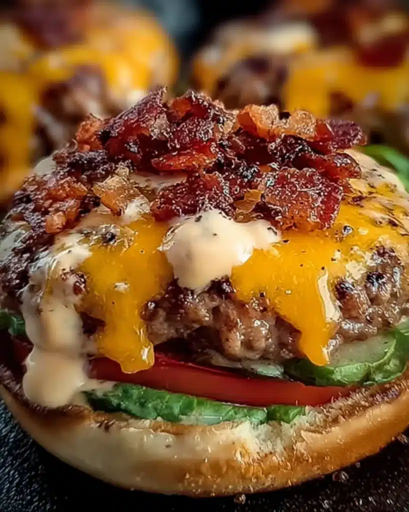 Close-up of a juicy Crack Burger topped with melted cheddar, crispy beef bits, lettuce, and tomato on a toasted bun.