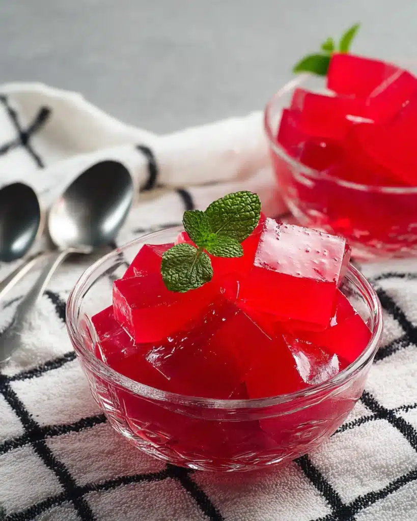 Keto jello cubes in a glass bowl garnished with fresh mint leaves on a checkered cloth