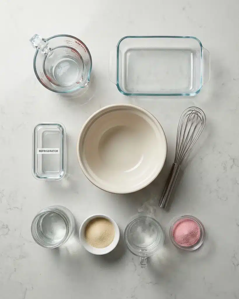 Ingredients and tools for making keto jello laid out on a kitchen counter