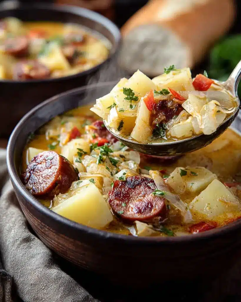 Ladle lifting a scoop of Cajun Potato Soup with sausage, potatoes, and peppers from a rustic bowl.
