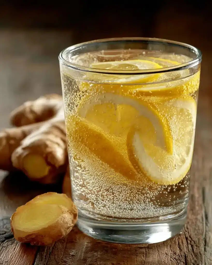 Lemon ginger sparkling drink on rustic wooden surface