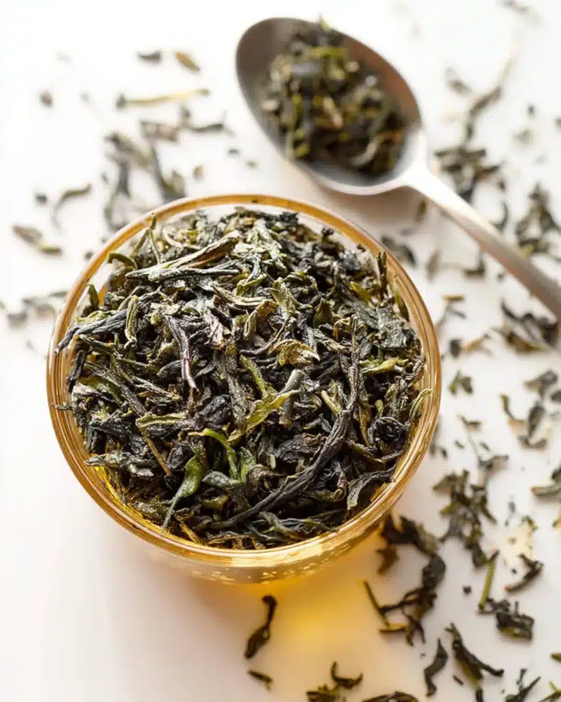 Loose green tea leaves in glass bowl with spoon, ready for brewing