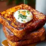 Pumpkin French Toast with maple drizzle and butter garnish