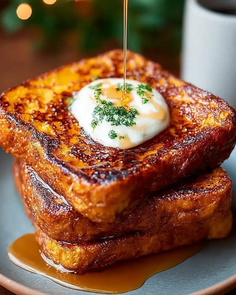 Pumpkin French Toast with maple drizzle and butter garnish
