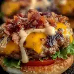 Grilled Crack Burger topped with melted cheddar cheese, crispy beef bits, and ranch sauce dripping over lettuce and tomato.