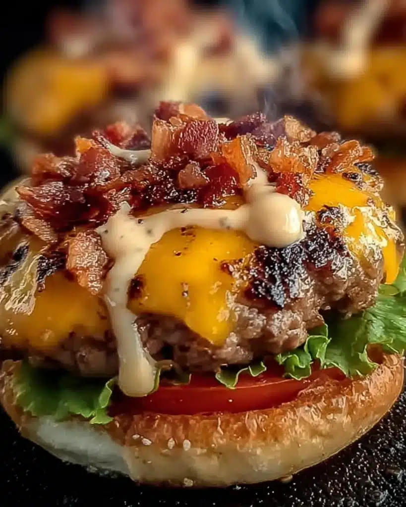 Grilled Crack Burger topped with melted cheddar cheese, crispy beef bits, and ranch sauce dripping over lettuce and tomato.