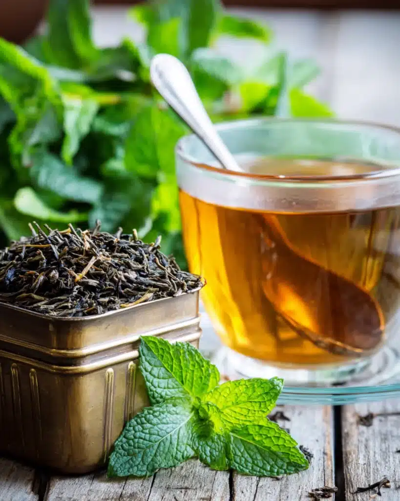 Cup of tea with green leaves beside a small brass container of loose tea on an old wooden table