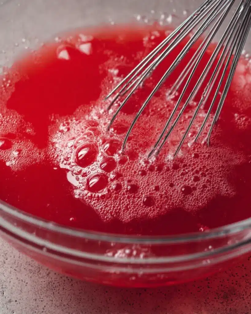 Whisk stirring red keto jello mixture with bubbles in a glass bowl