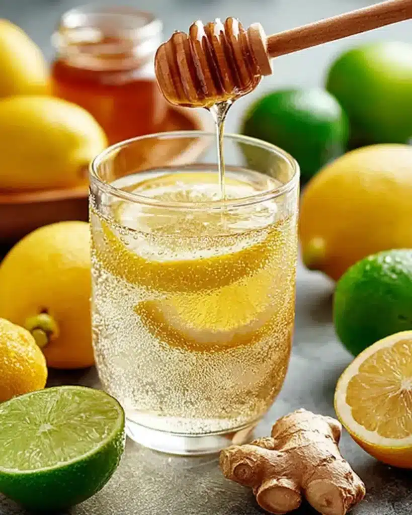 Natural Mounjaro Recipe drink with lemon, lime, and ginger on a kitchen counter