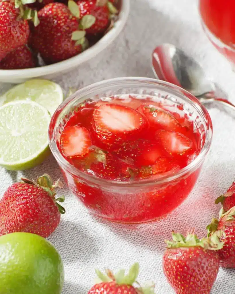 Glass cups filled with red gelatin dessert topped with sliced strawberries and lime on white fabric