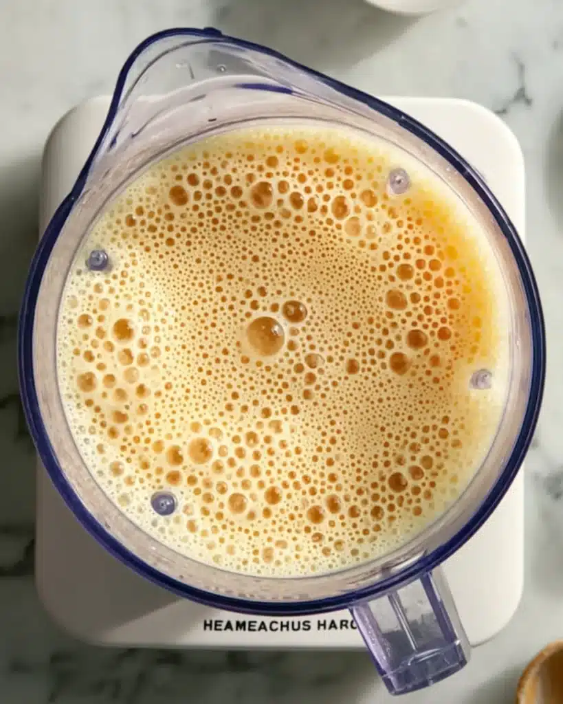 Top view of freshly blended Orange-Mango Smoothie in a blender with a smooth and frothy texture, ready to pour.