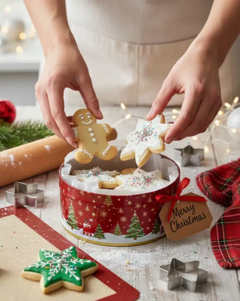 Person placing decorated gingerbread and star cookies into a red Christmas tin