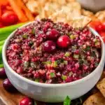 White serving bowl filled with Cranberry Salsa garnished with whole cranberries, jalapeño, and herb flecks