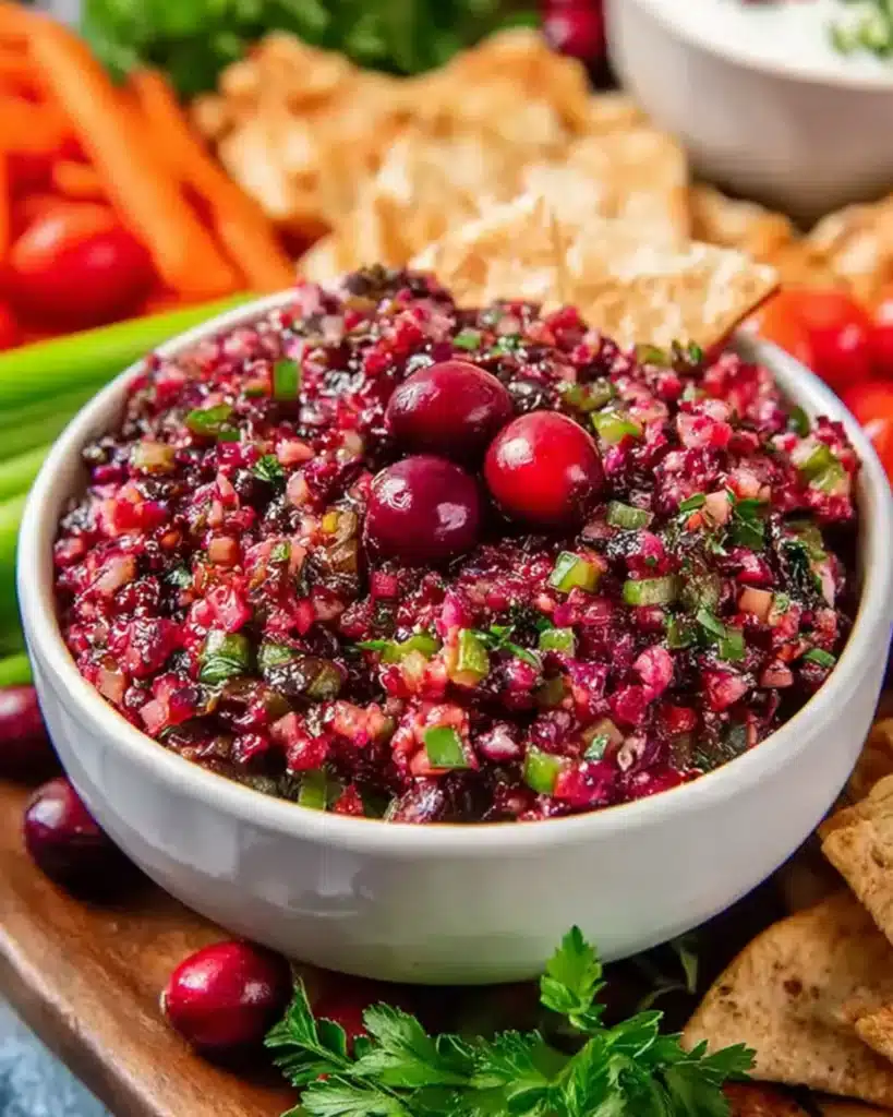 White serving bowl filled with Cranberry Salsa garnished with whole cranberries, jalapeño, and herb flecks