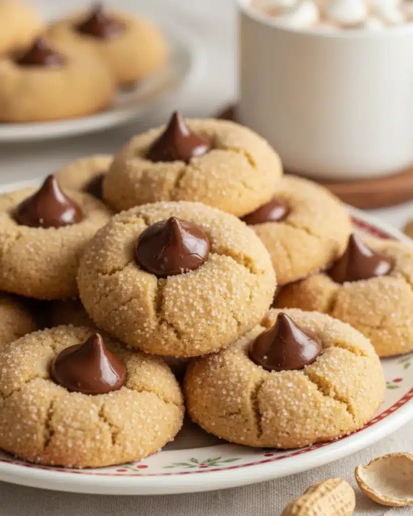 Peanut butter blossom cookies with chocolate centers on a plate