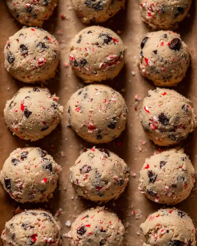 Top view of peppermint chocolate chip cookie dough balls with crushed candy canes and chocolate chunks on parchment paper.