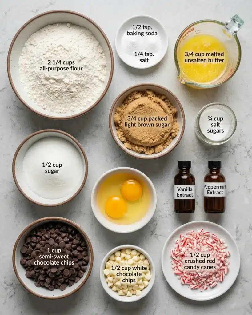 Flat lay of peppermint chocolate chip cookie ingredients including flour, butter, sugars, chocolate chips, crushed candy canes, eggs, and extracts.