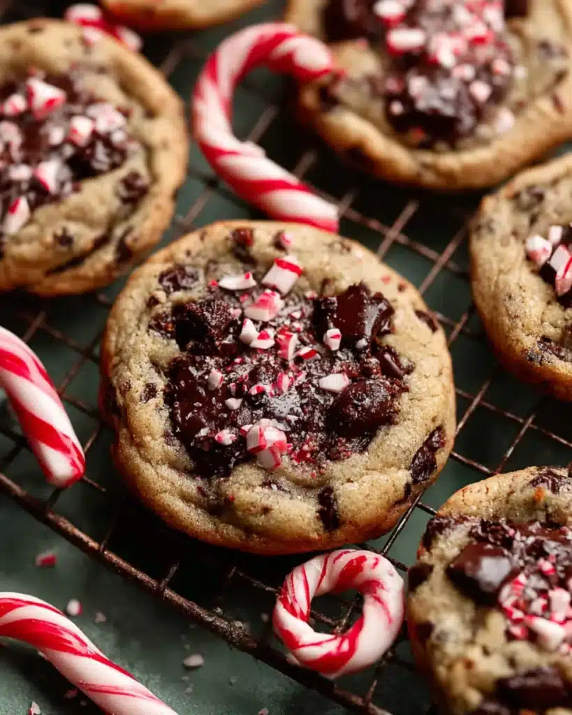 Close-up of freshly baked peppermint chocolate chip cookies topped with melted chocolate and crushed candy canes cooling on a wire rack.