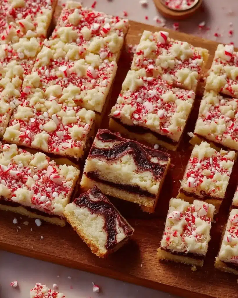Christmas cookies peppermint spritz cookie bars topped with crushed peppermint and chocolate layers on a wooden board.