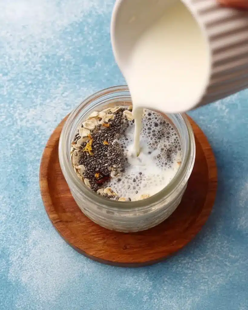 Milk being poured into a jar of oats and chia seeds for healthy overnight oats