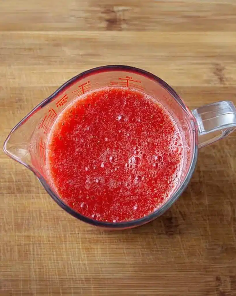 blended strawberry puree mixture for strawberry gelatin on a wooden cutting board