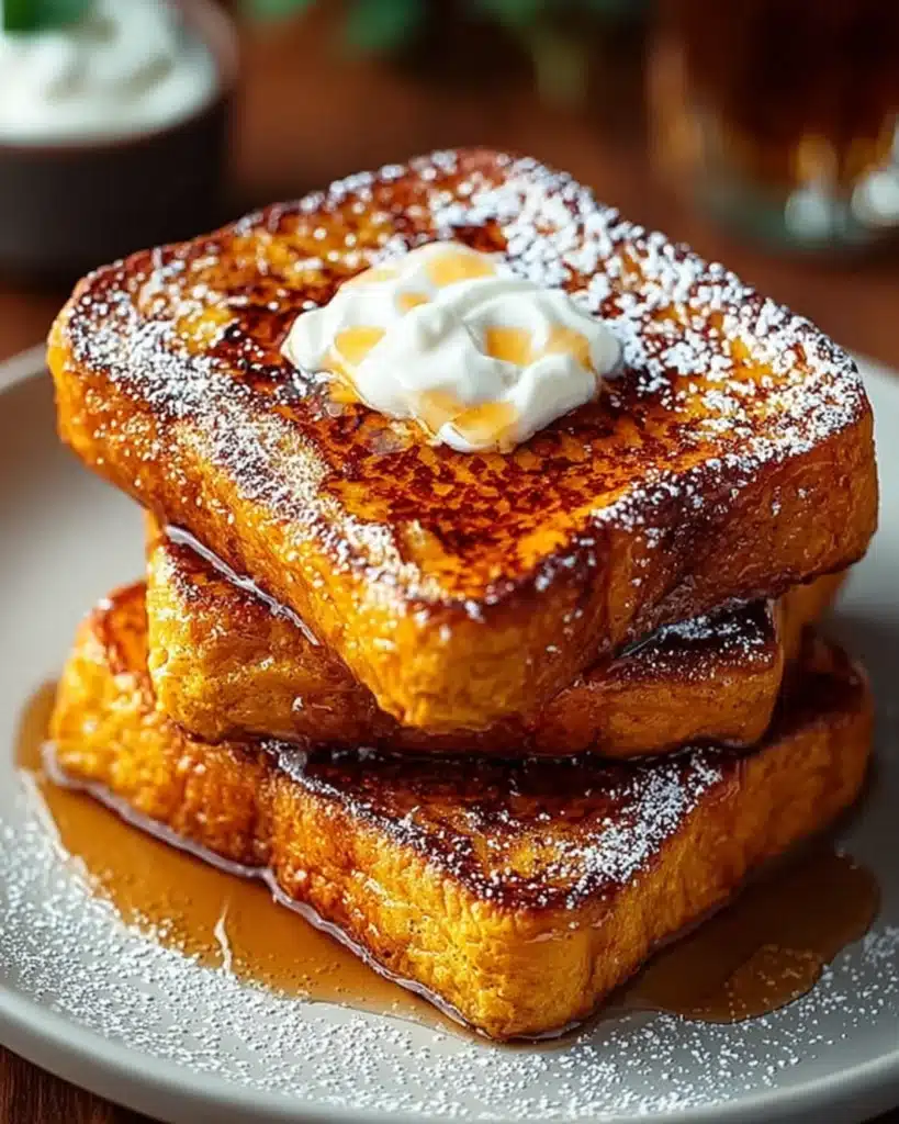 Pumpkin French Toast with whipped cream and powdered sugar drizzle