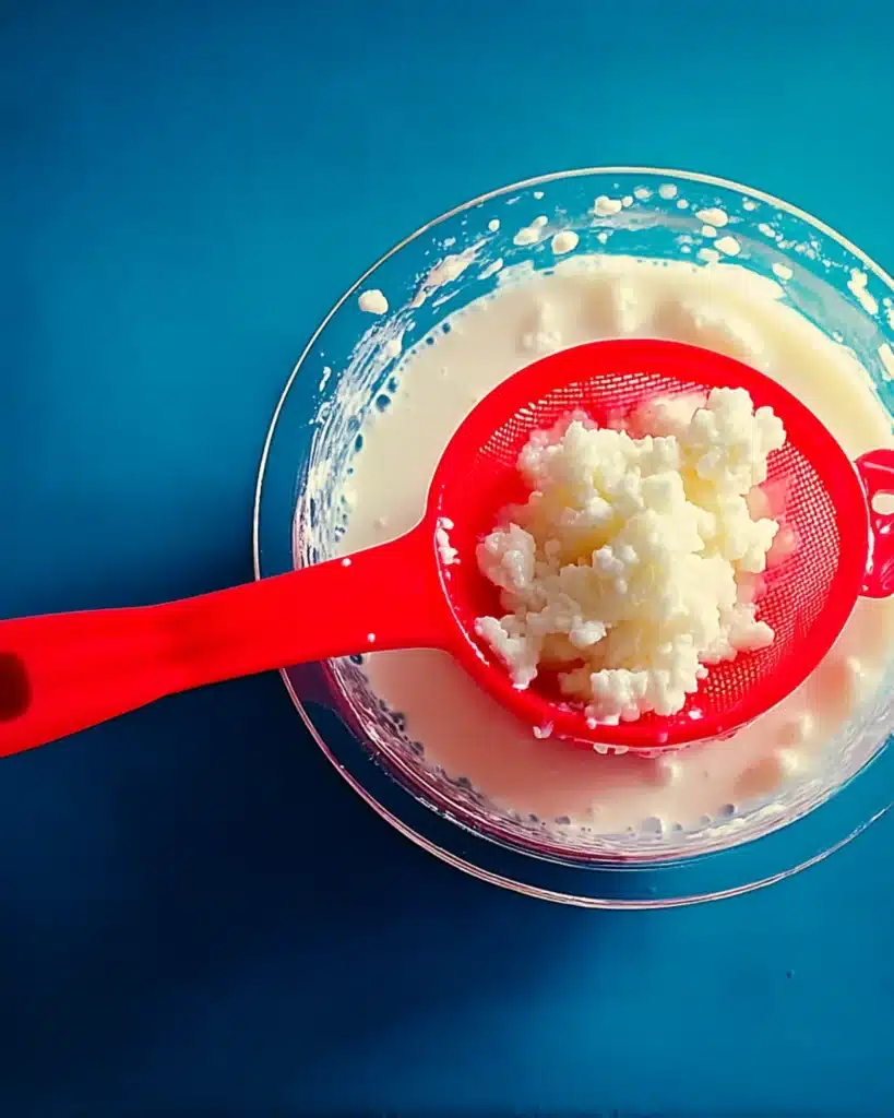 Bright red strainer filled with kefir grains above a glass bowl of fermenting milk kefir on a blue surface.