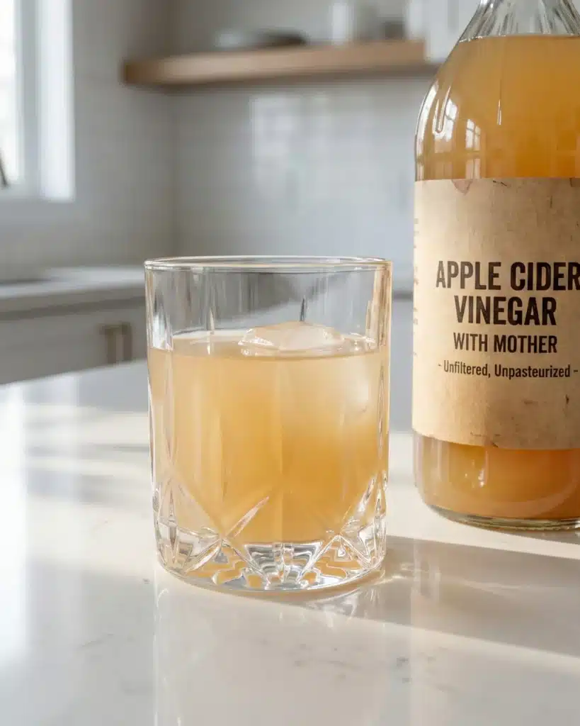 Glass of apple cider vinegar with ice beside a bottle labeled “with mother” on a marble counter.