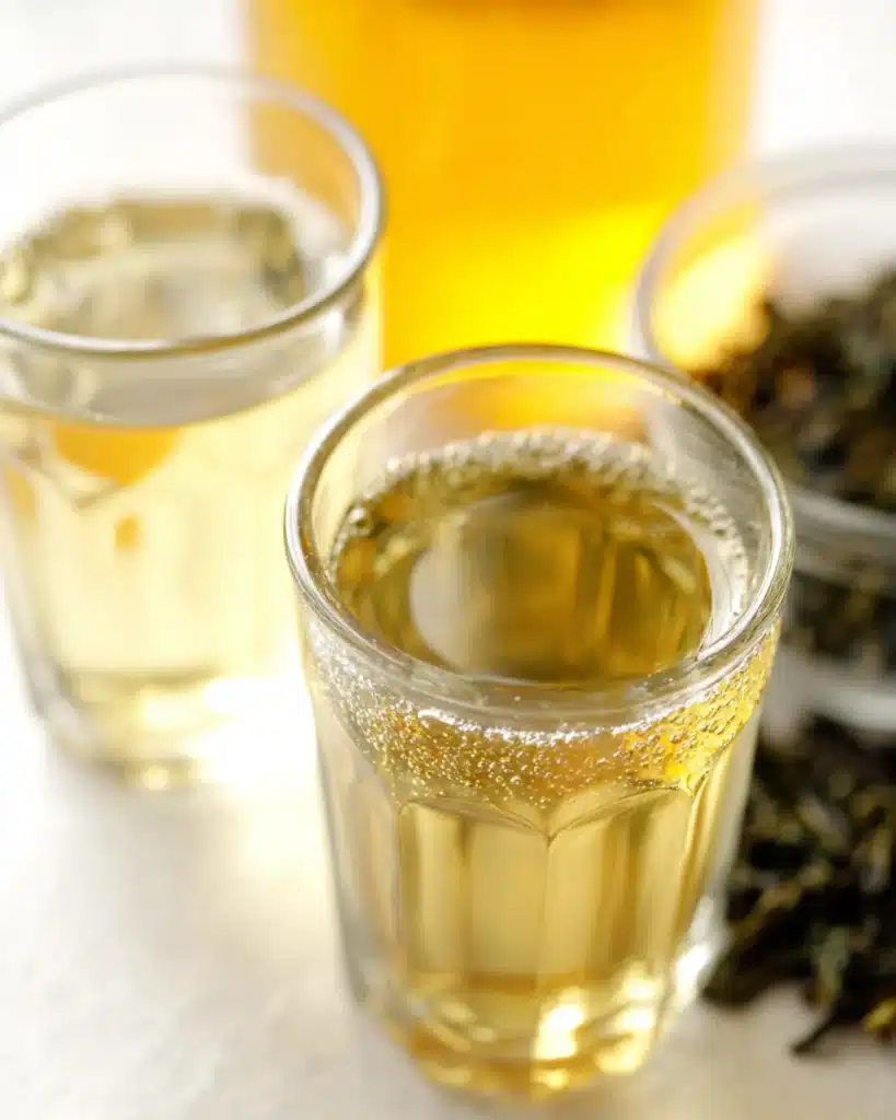 Freshly brewed green tea served in clear shot glasses, refreshing detox drink